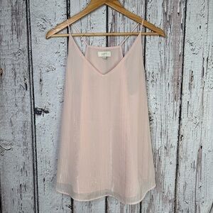 LOFT Size Medium Dressy Sleeveless Blouse Light Pink & Metallic Lined V-Neck EUC